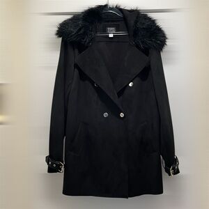 Cozy Black Sz L Warm Chic Winter Faux Suede & Fur Removable Collar Buckle Detail